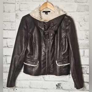 Kenneth Cole Faux Shearling Aviator Moto Jacket Brown Buckle Collar M